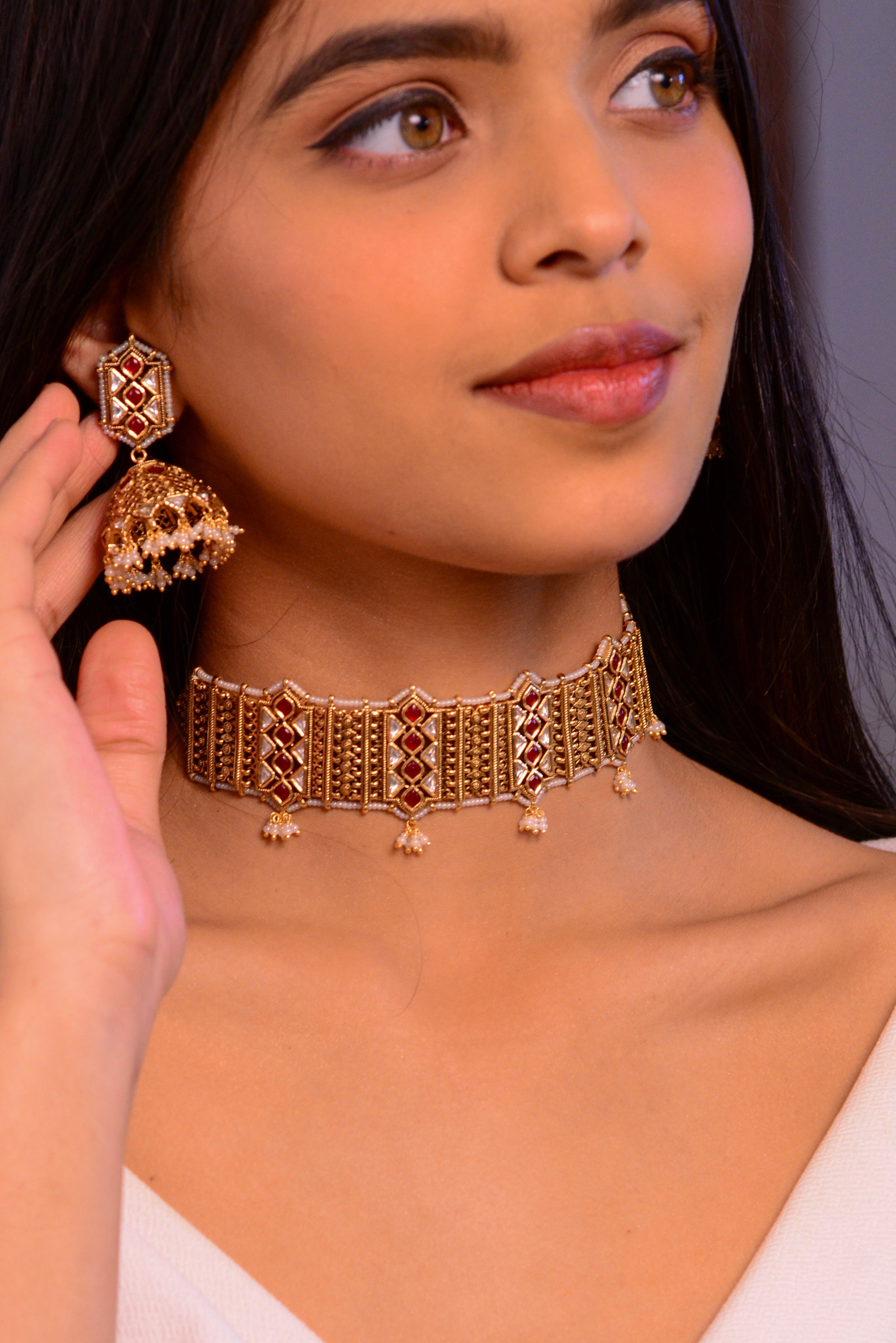 Avrika choker set with jhumki earrings, front view showing gold-tone finish